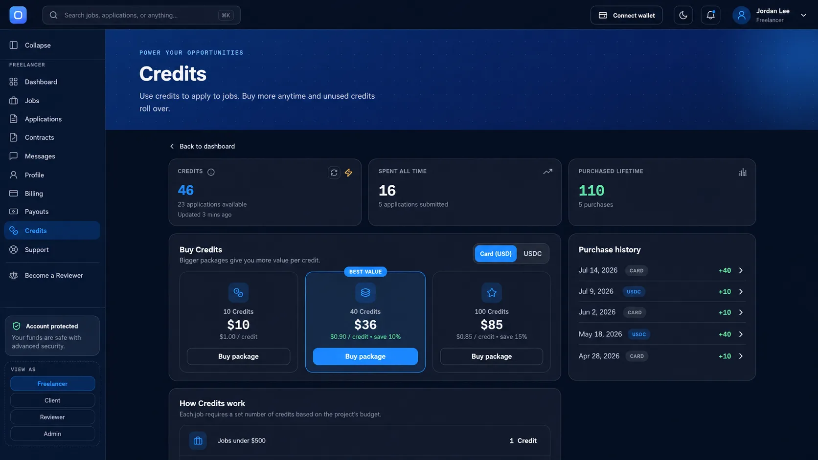 A credits and wallet purchase flow offering both card and USDC payment options